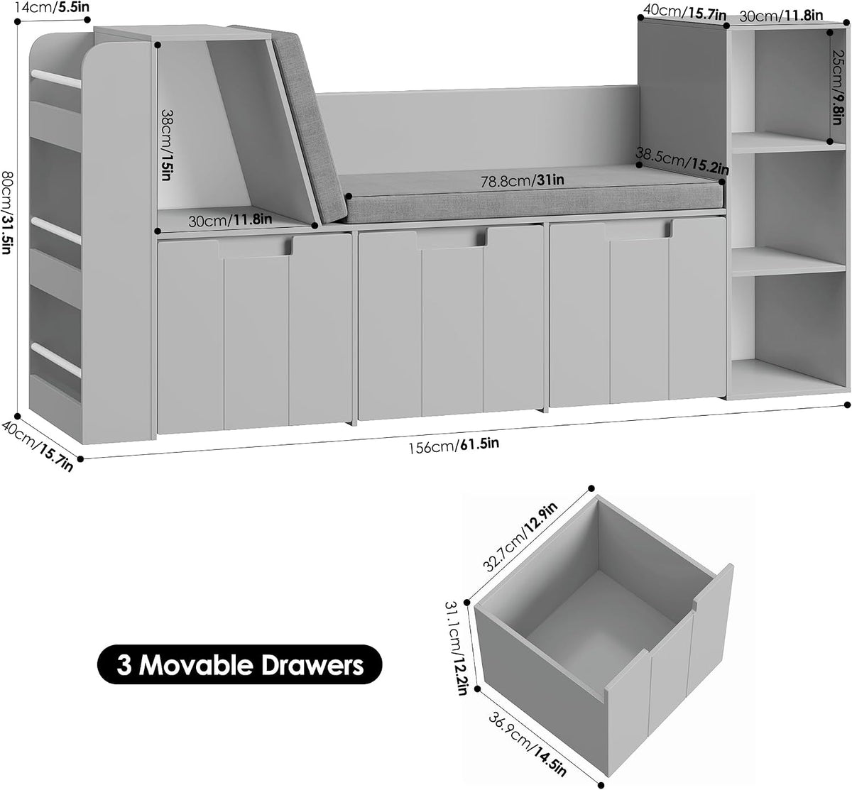 Kids Reading Nook Bookshelf Toy Storage Bench Organizer