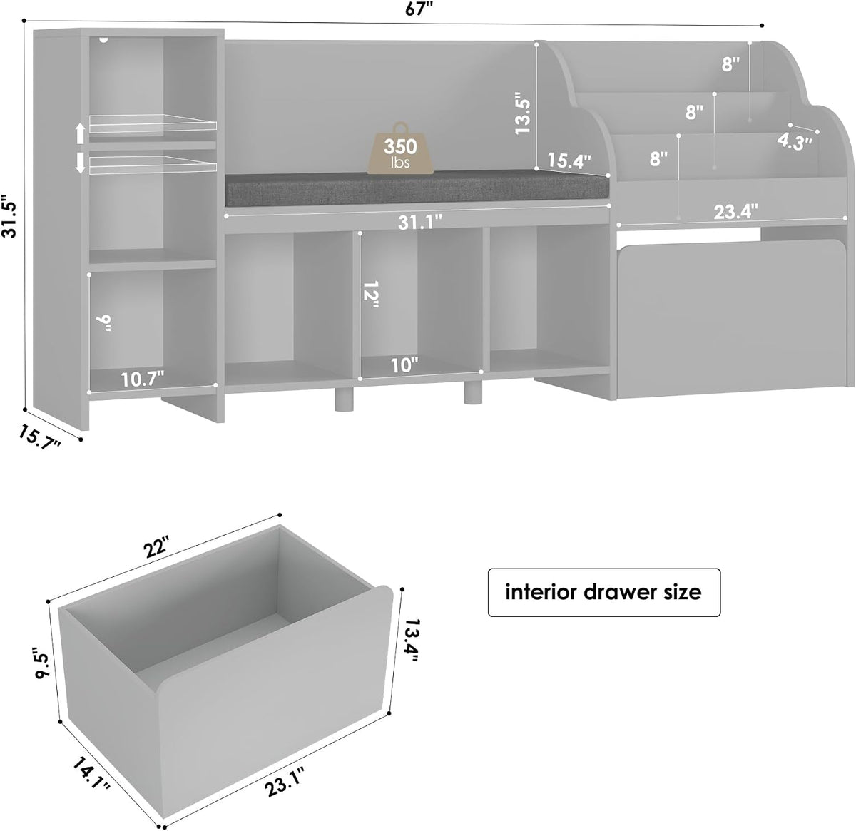 Kids Reading Nook Bookshelf Toy Storage Organizer Bench