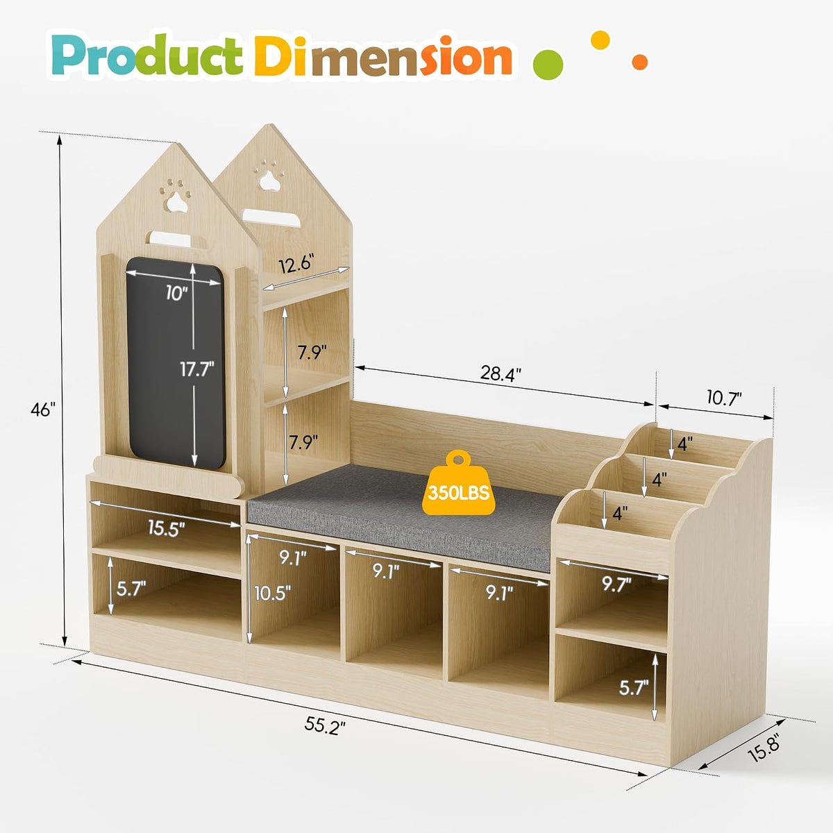 Wooden Kids Bookshelf Reading Nook Toy Storage Bench