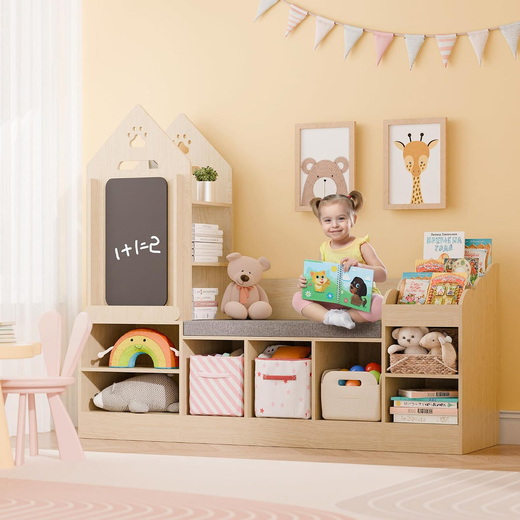 Wooden Kids Bookshelf Reading Nook Toy Storage Bench