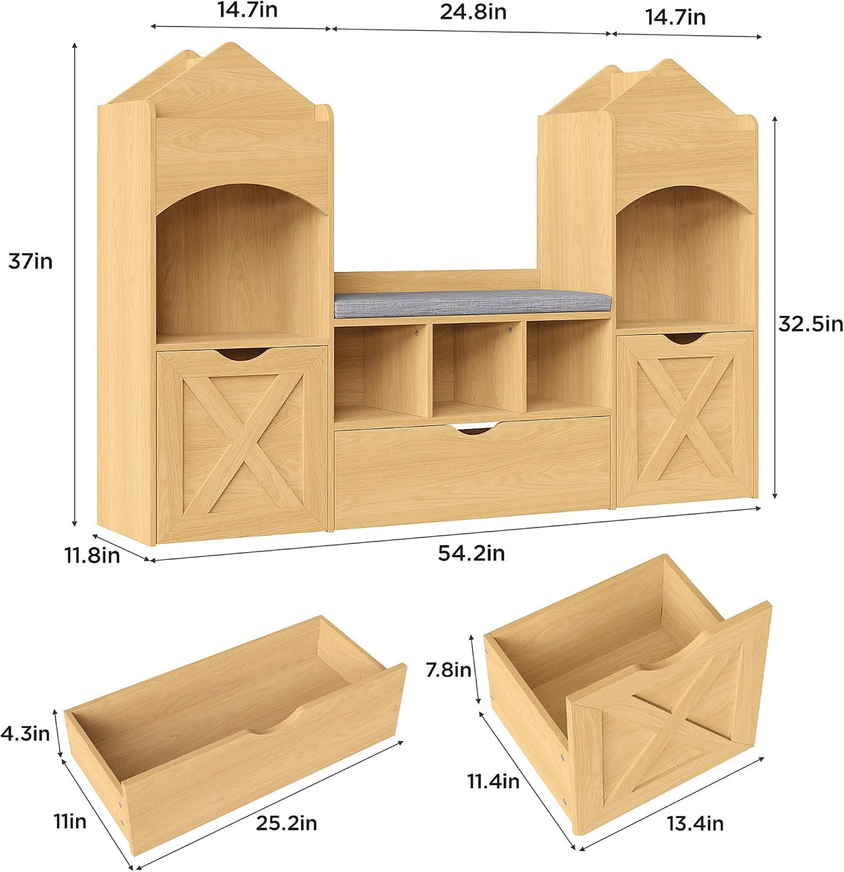 Castle‑Shaped Kids Bookshelf Reading Nook Bench
