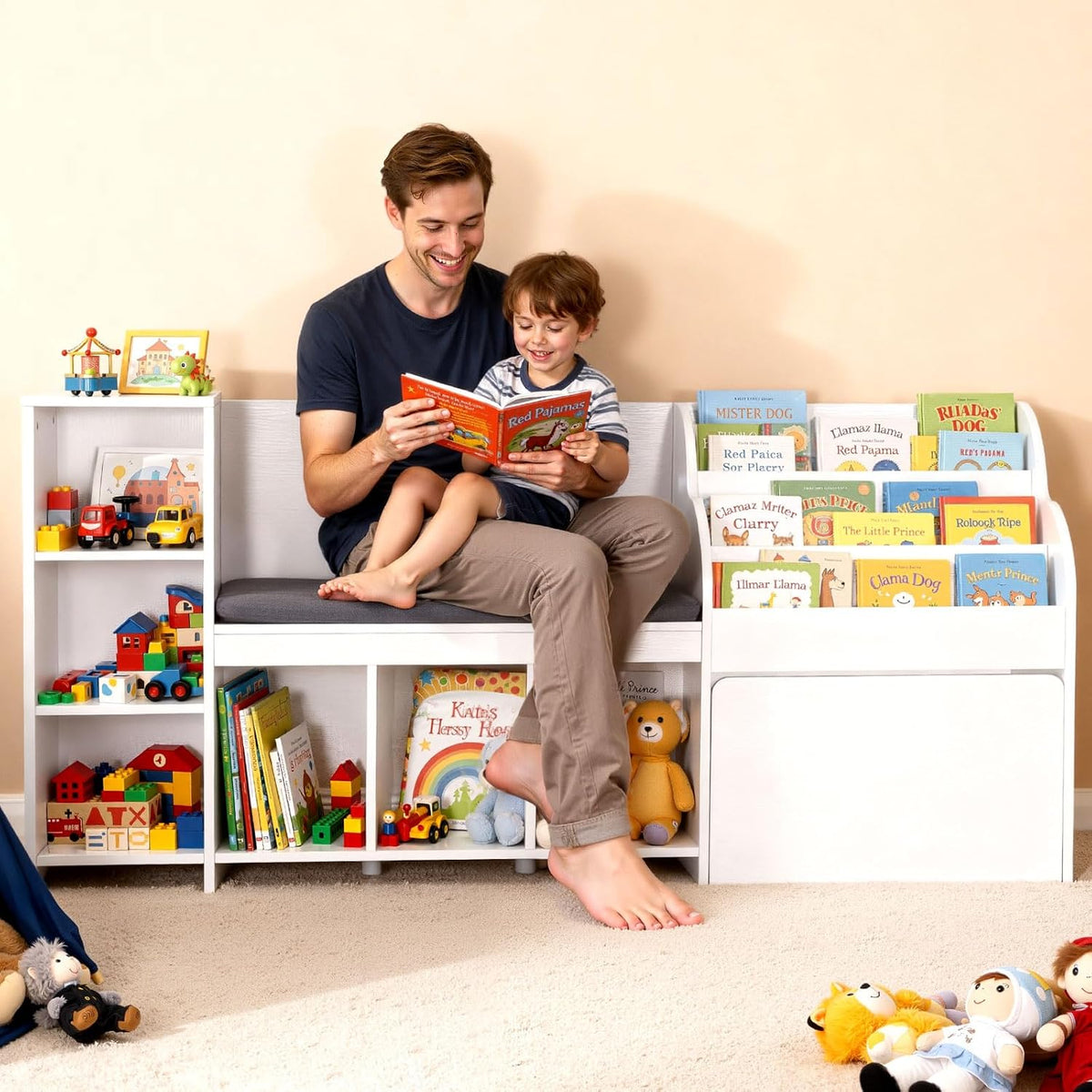 Wooden Kids Storage Bench Reading Nook Organizer