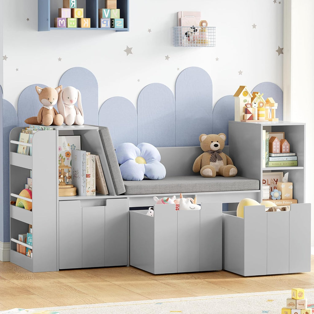 Kids Reading Nook Bookshelf Toy Storage Bench Organizer