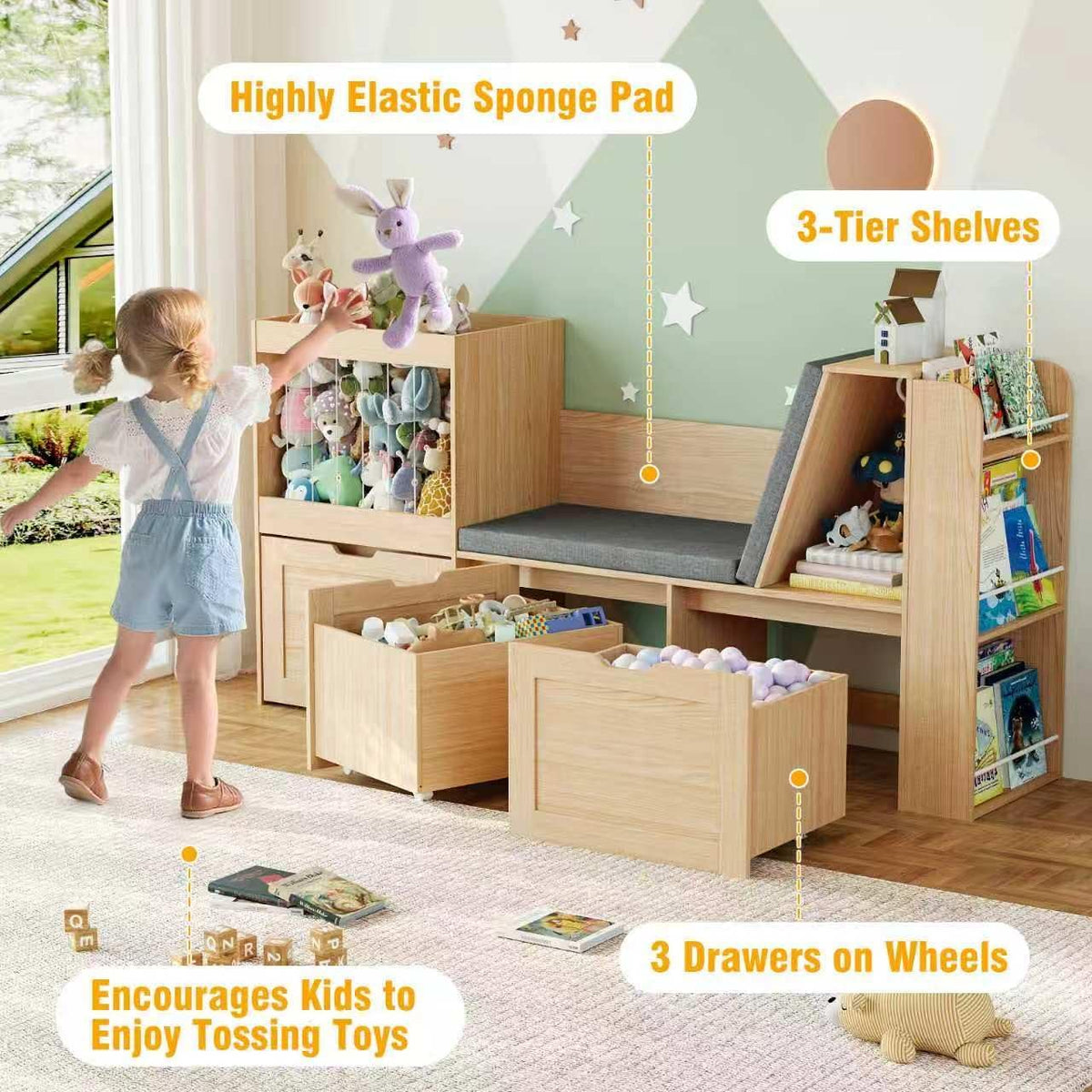 Wooden Kids Bookshelf Toy Storage Reading Nook