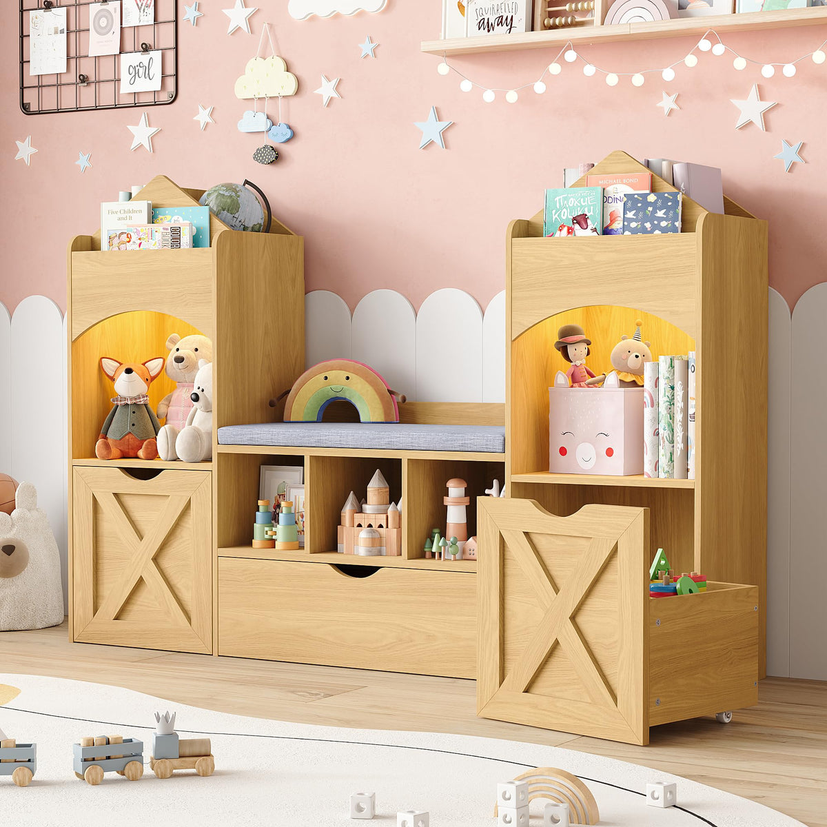 Castle‑Shaped Kids Bookshelf Reading Nook Bench