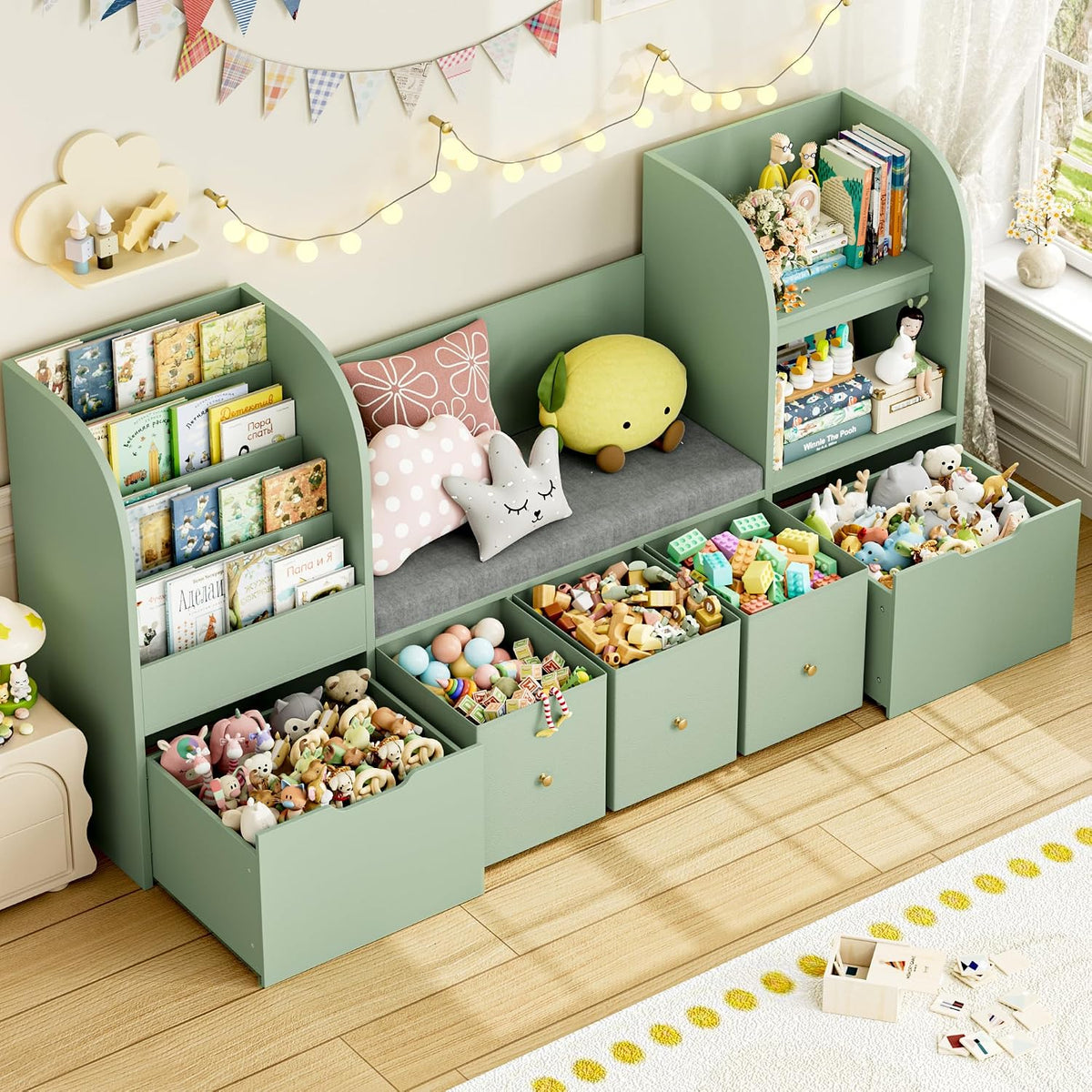 Kids Bookshelf Toy Storage Reading Nook Bench