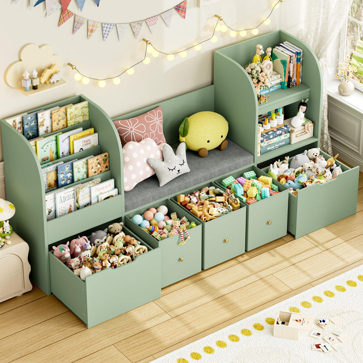 Kids Bookshelf Toy Storage Reading Nook Bench