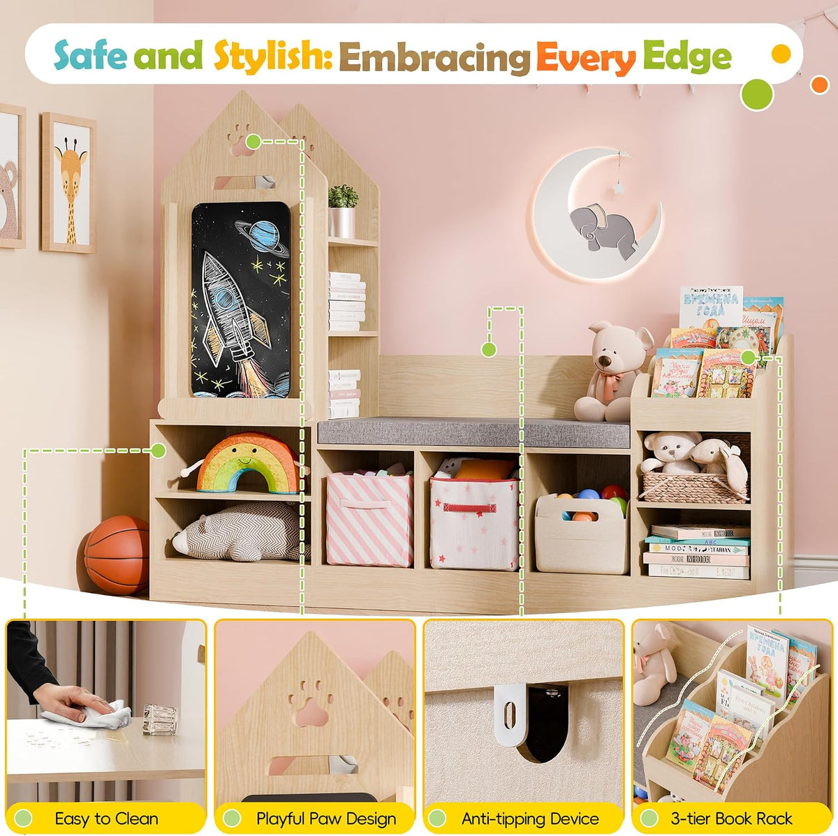Wooden Kids Bookshelf Reading Nook Toy Storage Bench