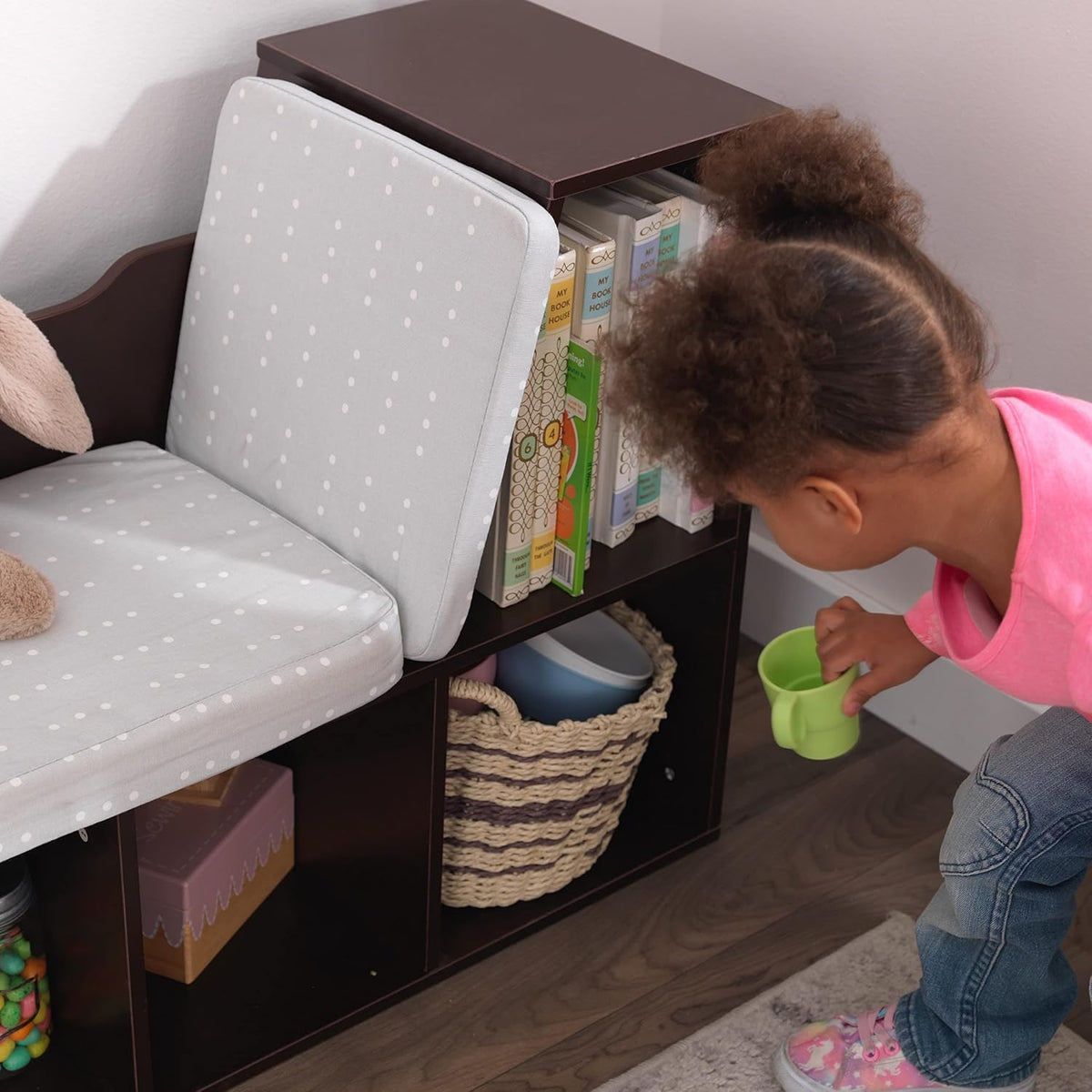 Wooden Kids Bookcase Reading Nook Storage Bench