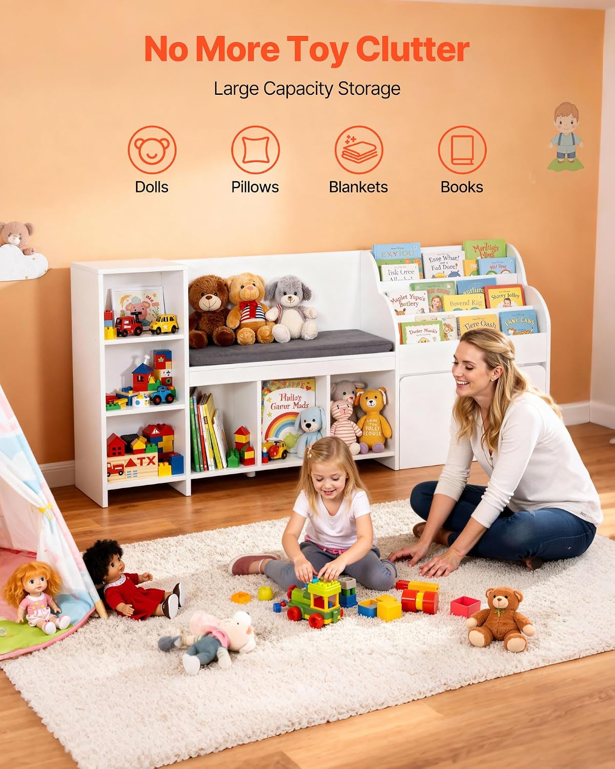 Wooden Kids Storage Bench Reading Nook Organizer