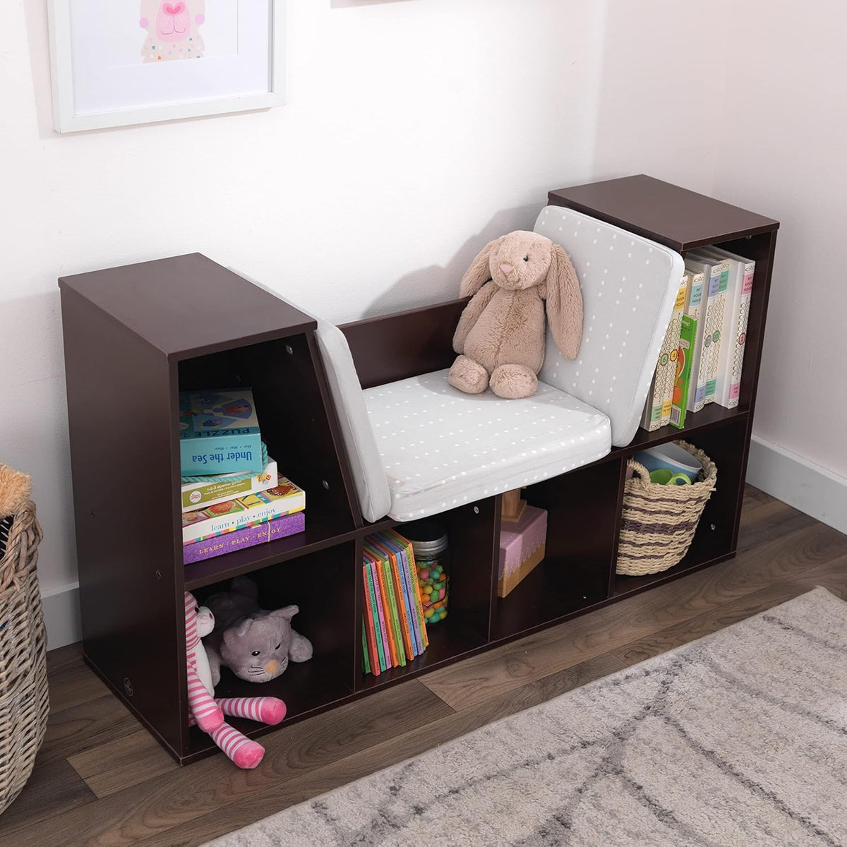 Wooden Kids Bookcase Reading Nook Storage Bench