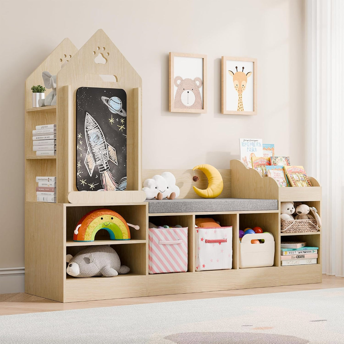 Wooden Kids Bookshelf Reading Nook Toy Storage Bench