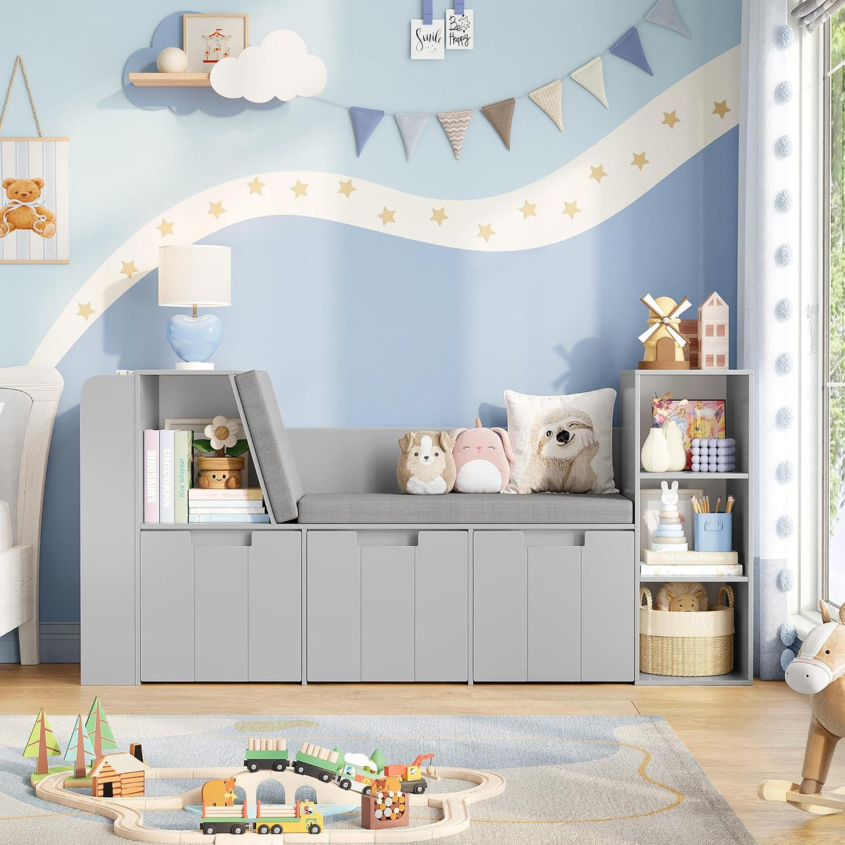 Kids Reading Nook Bookshelf Toy Storage Bench Organizer
