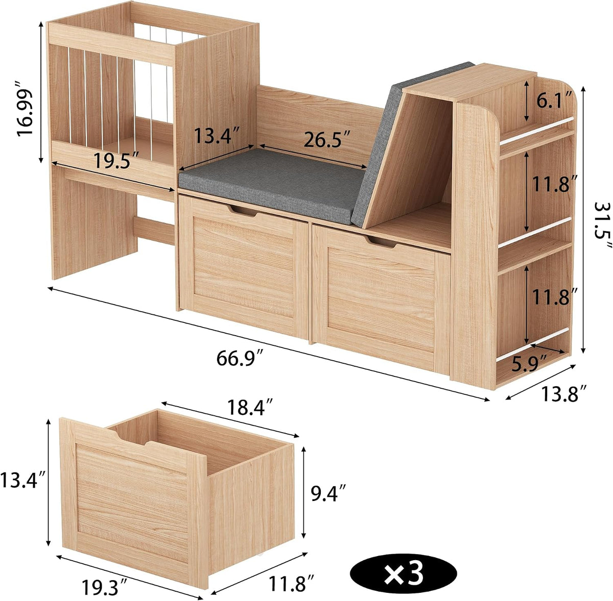 Wooden Kids Bookshelf Toy Storage Reading Nook