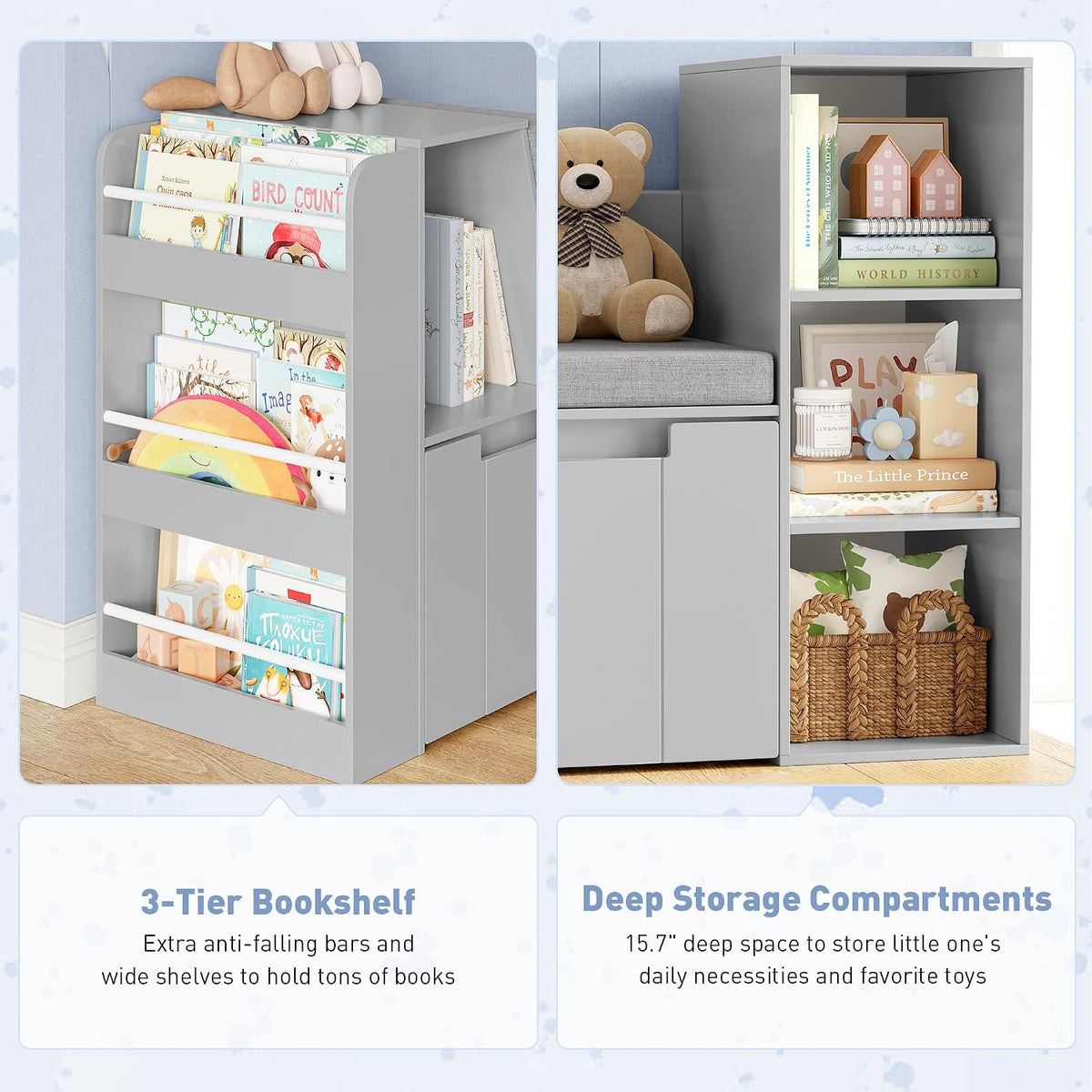 Kids Reading Nook Bookshelf Toy Storage Bench Organizer