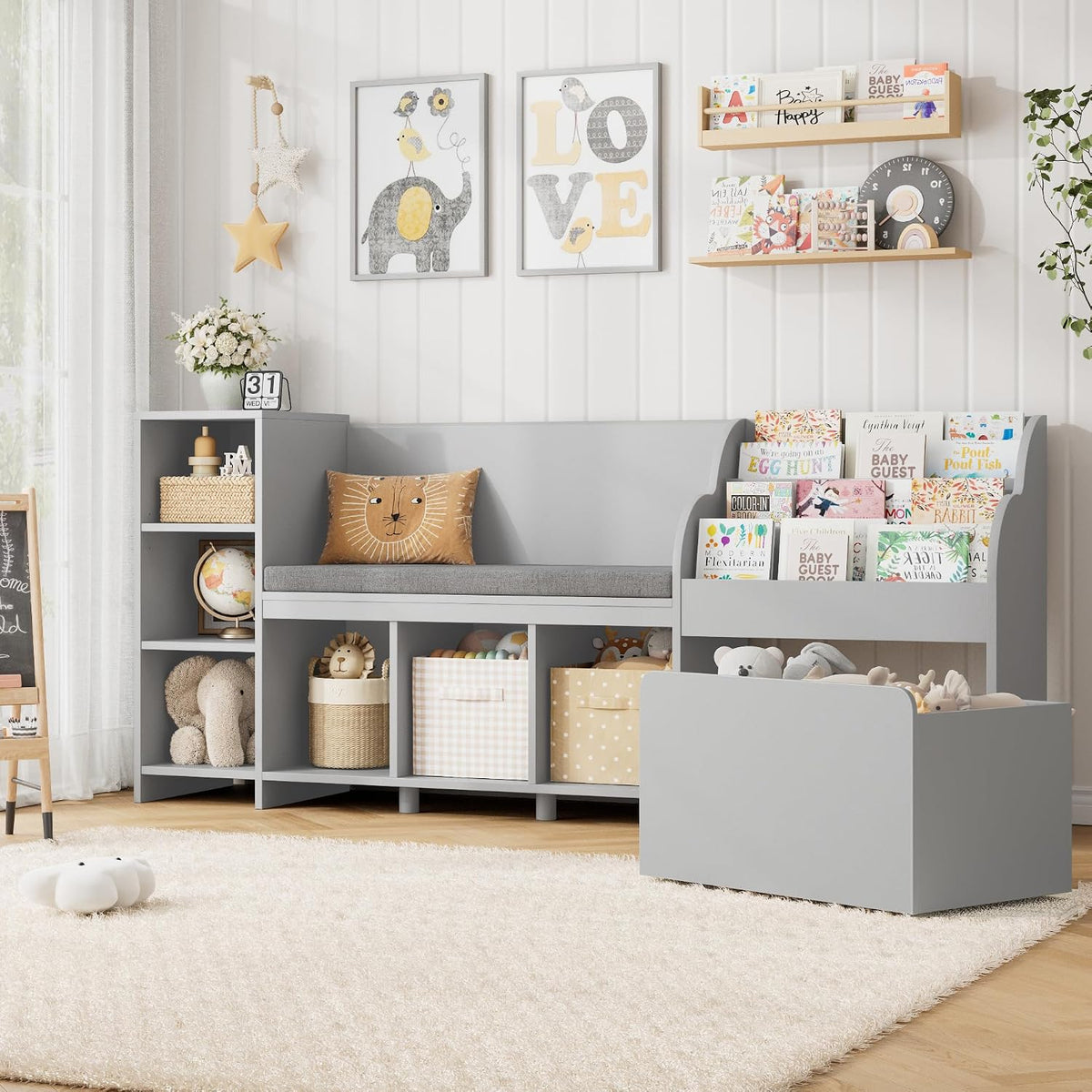 Kids Reading Nook Bookshelf Toy Storage Organizer Bench