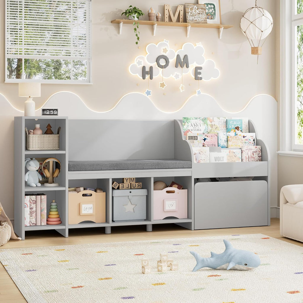 Kids Reading Nook Bookshelf Toy Storage Organizer Bench