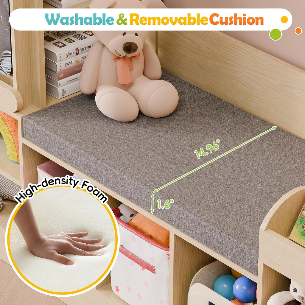 Wooden Kids Bookshelf Reading Nook Toy Storage Bench