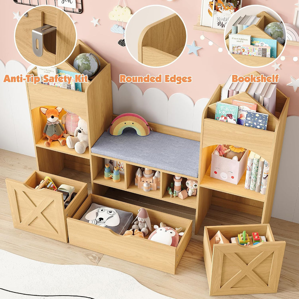 Castle‑Shaped Kids Bookshelf Reading Nook Bench